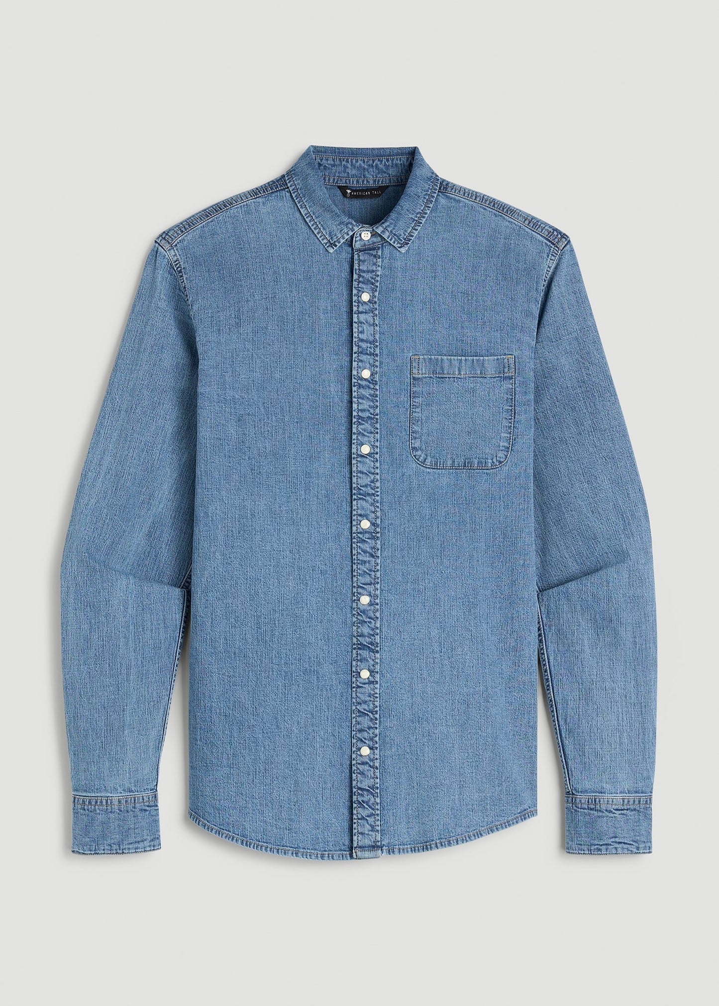 American Tall Men Classic Stretch Denim Shirt for Tall Men in Perfect Blue