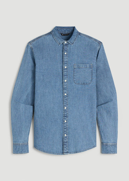American Tall Men Classic Stretch Denim Shirt for Tall Men in Perfect Blue