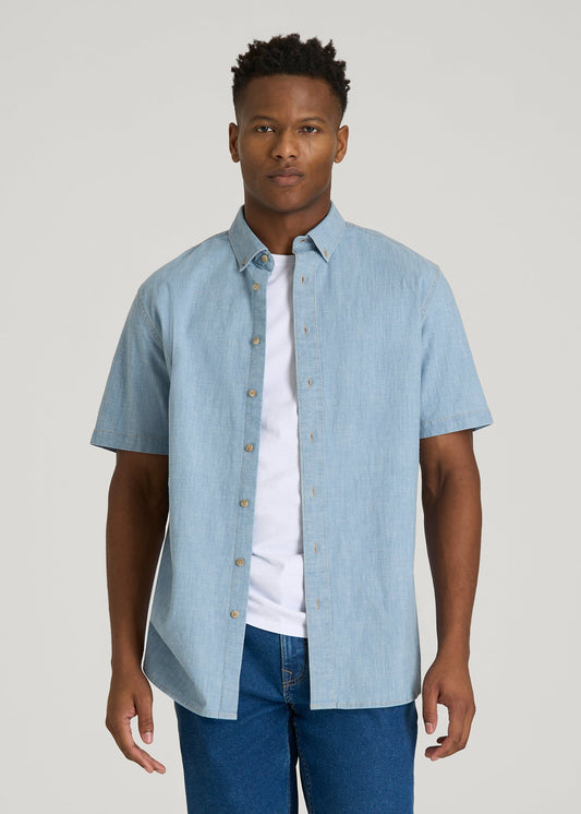 American Tall Men Short Sleeve Chambray Shirt for Tall Men in Light Blue Chambray