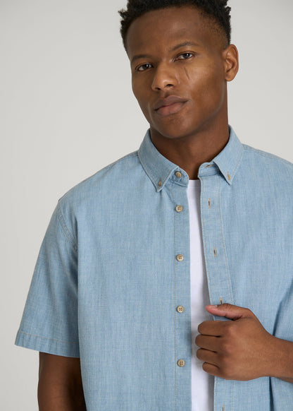 American Tall Men Short Sleeve Chambray Shirt for Tall Men in Light Blue Chambray