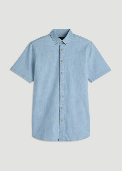 American Tall Men Short Sleeve Chambray Shirt for Tall Men in Light Blue Chambray