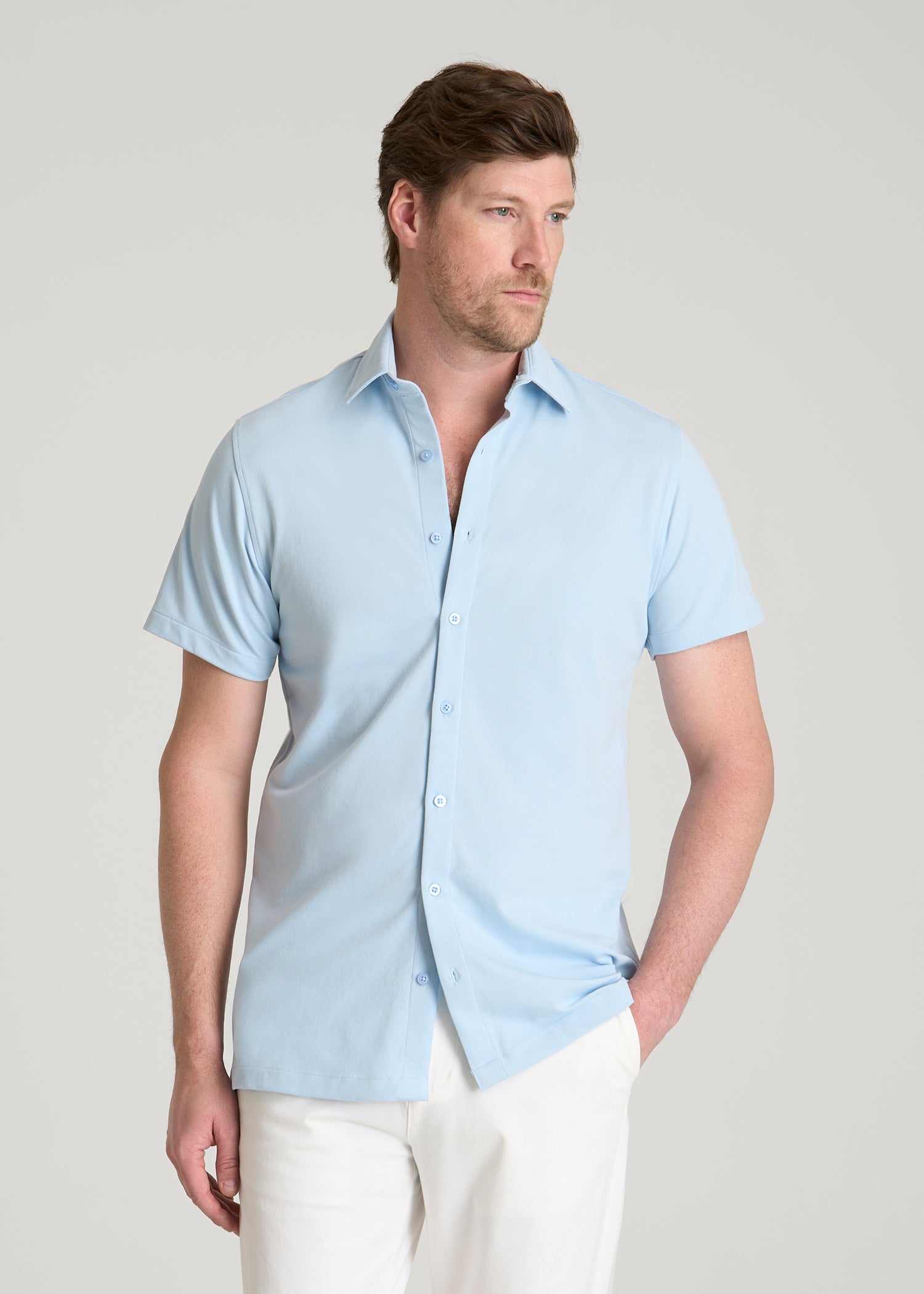 American Tall Men Pique Knit Stretch Short Sleeve Shirt for Tall Men in Ice Blue
