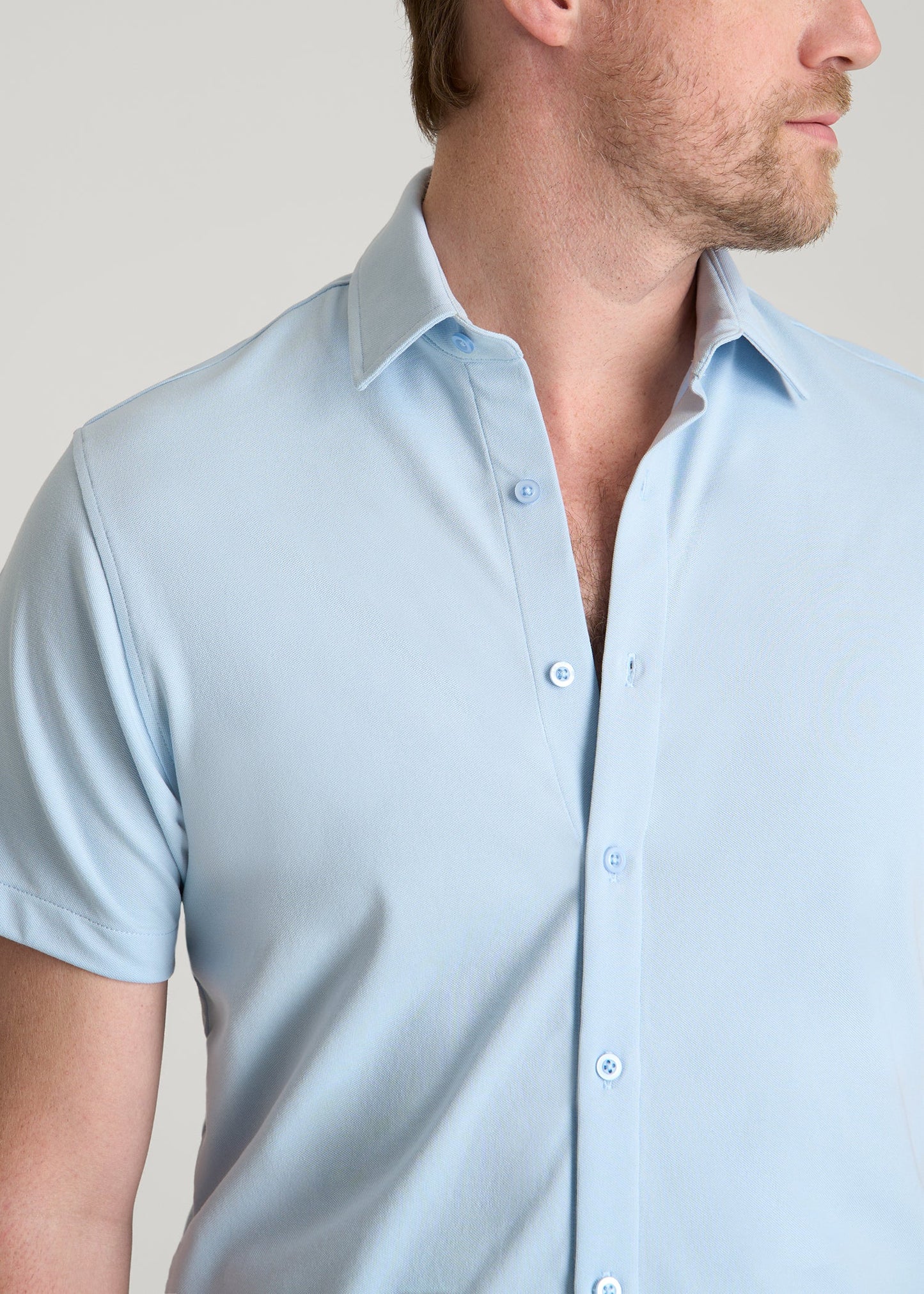 American Tall Men Pique Knit Stretch Short Sleeve Shirt for Tall Men in Ice Blue