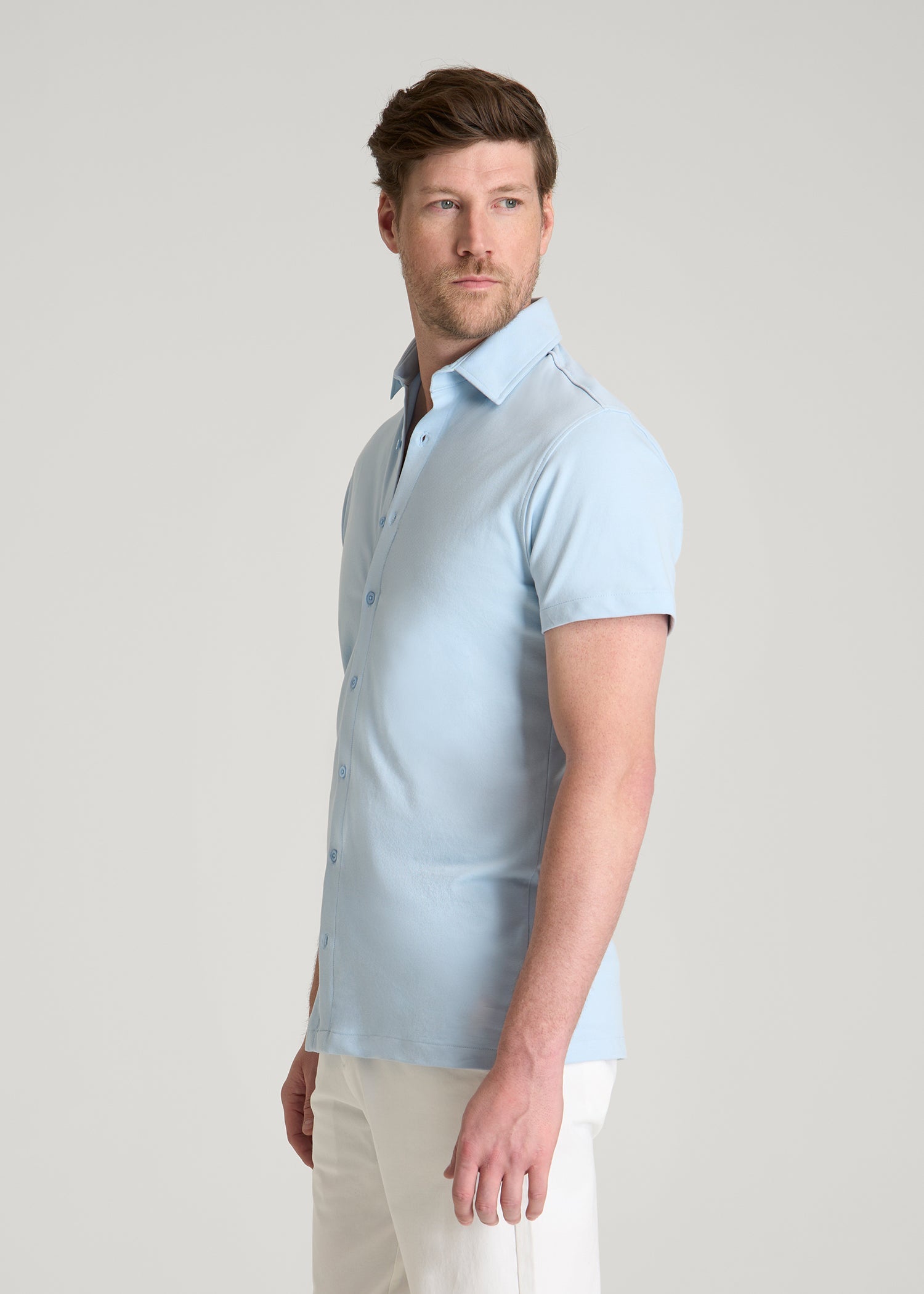 American Tall Men Pique Knit Stretch Short Sleeve Shirt for Tall Men in Ice Blue