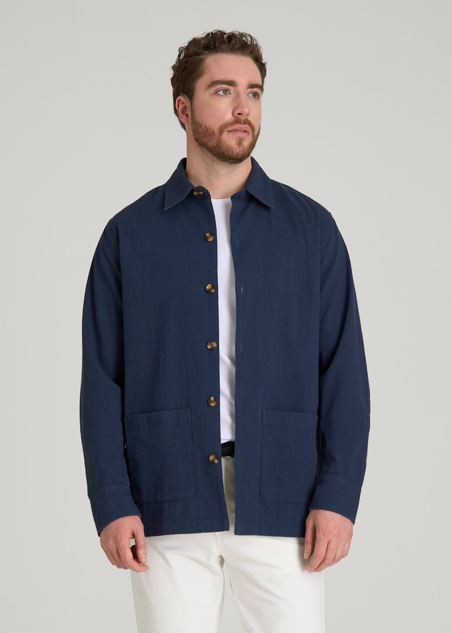 American Tall Men Seersucker Overshirt for Tall Men in Navy Blue