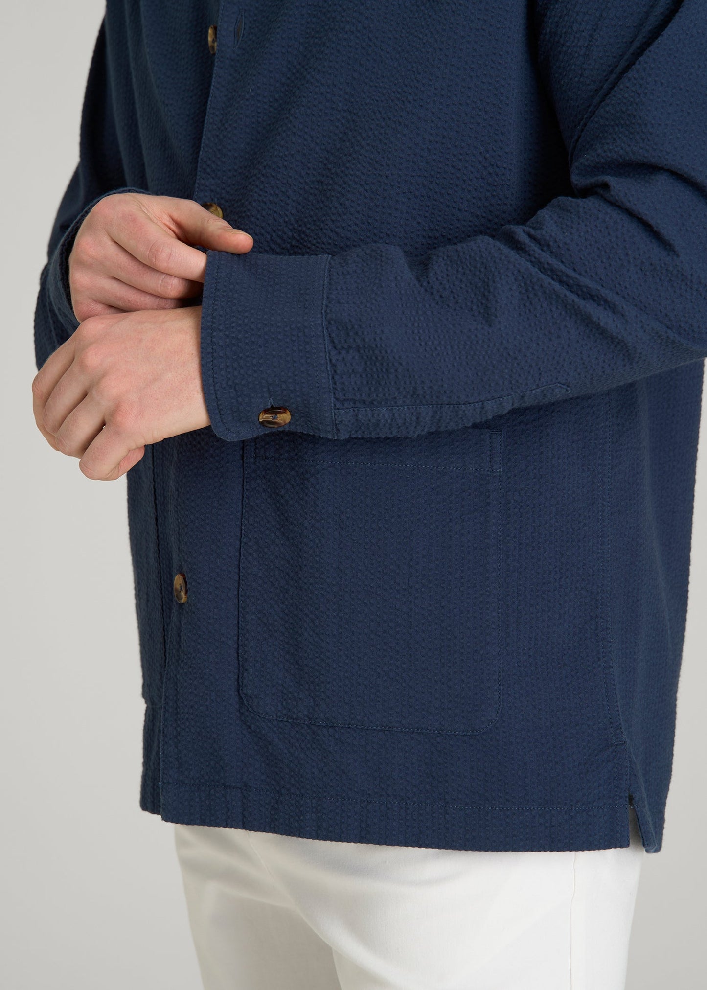 American Tall Men Seersucker Overshirt for Tall Men in Navy Blue