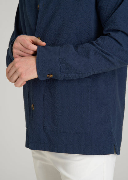 American Tall Men Seersucker Overshirt for Tall Men in Navy Blue