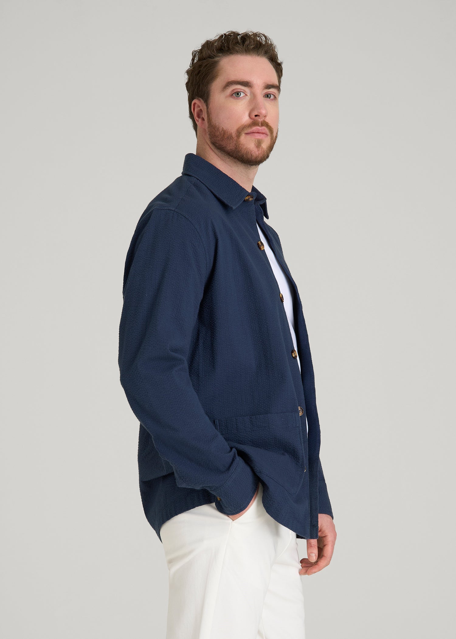 American Tall Men Seersucker Overshirt for Tall Men in Navy Blue