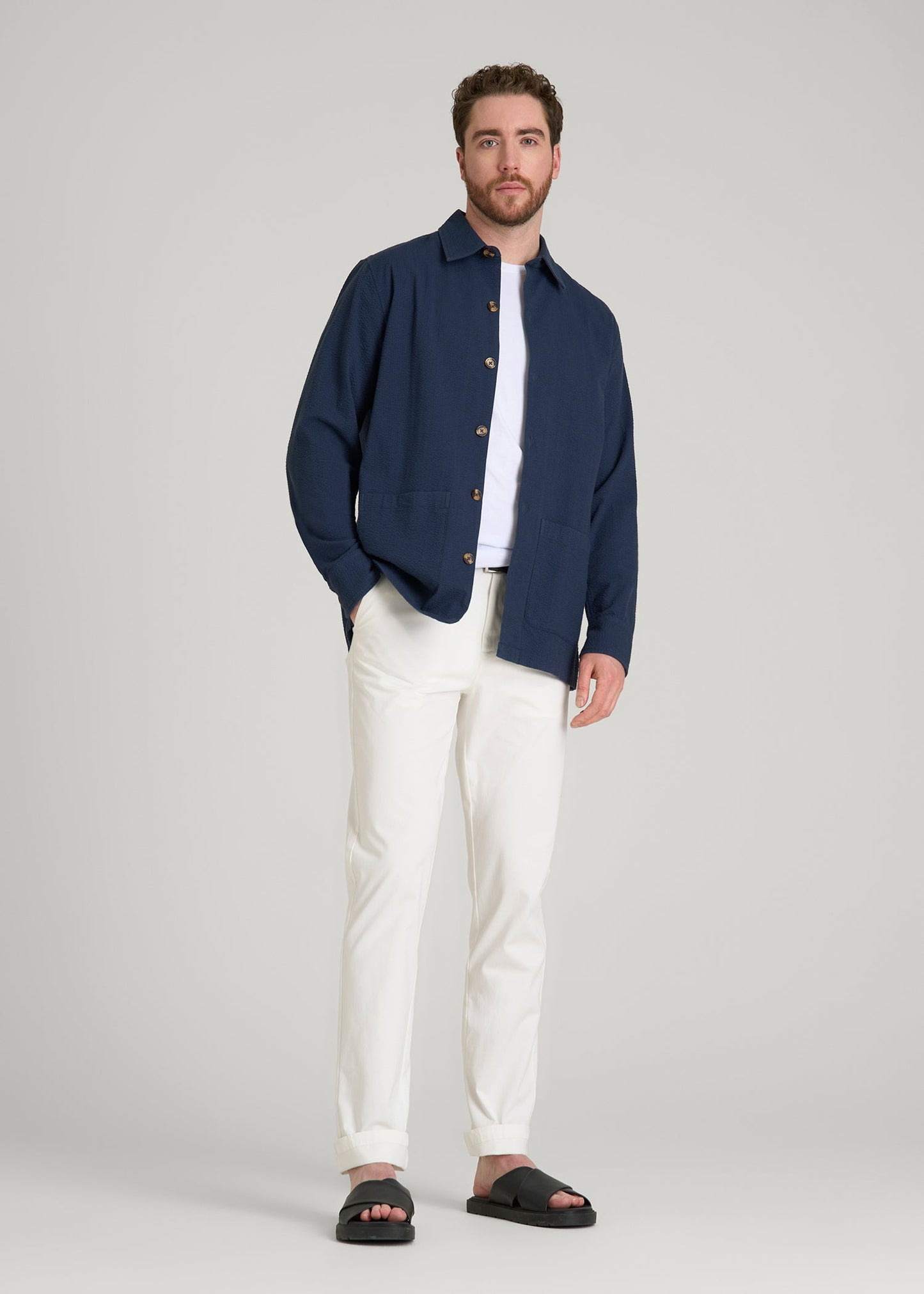 American Tall Men Seersucker Overshirt for Tall Men in Navy Blue