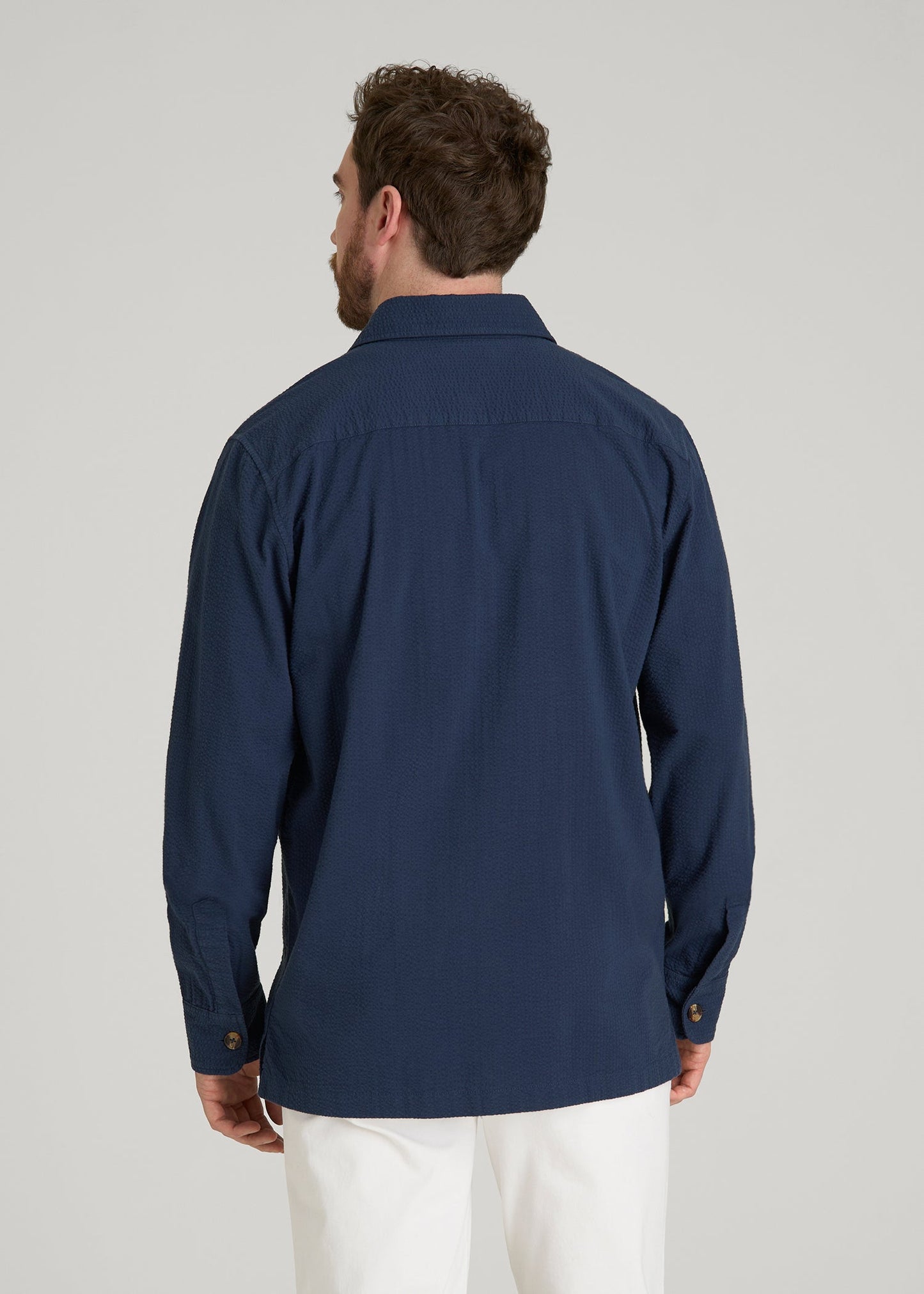 American Tall Men Seersucker Overshirt for Tall Men in Navy Blue