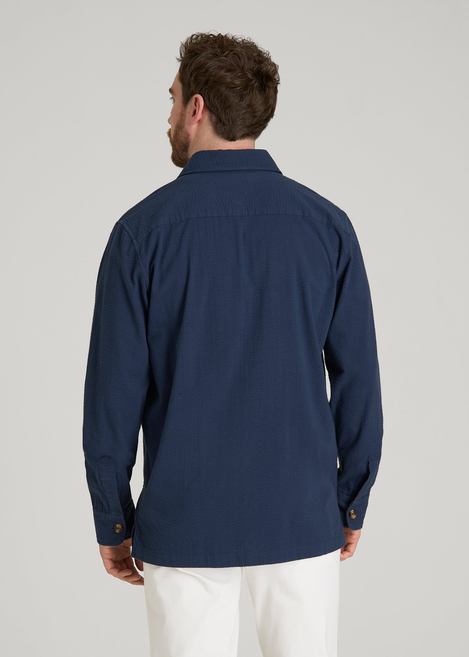 American Tall Men Seersucker Overshirt for Tall Men in Navy Blue