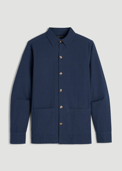 American Tall Men Seersucker Overshirt for Tall Men in Navy Blue