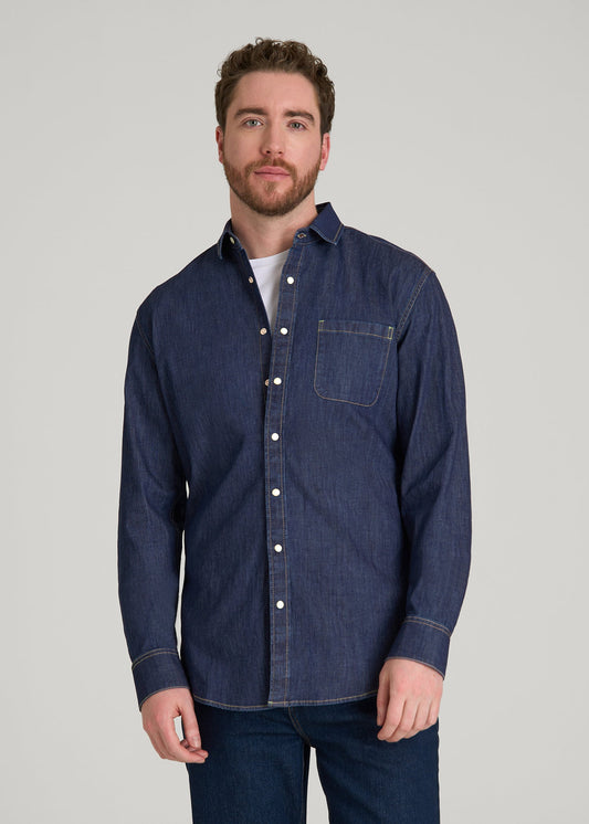 American Tall Men Classic Stretch Denim Shirt for Tall Men in Deep Indigo