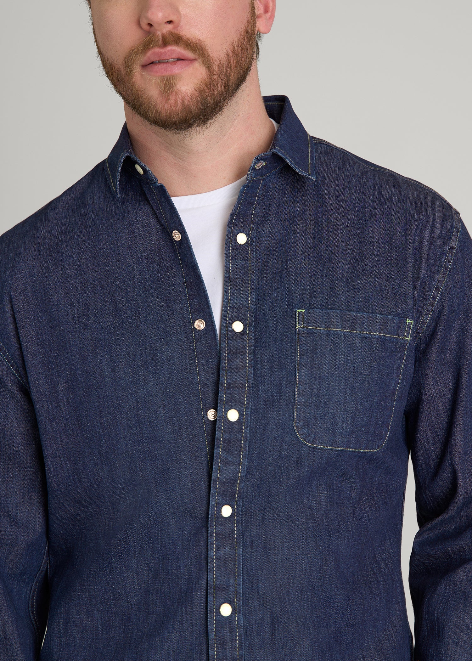 American Tall Men Classic Stretch Denim Shirt for Tall Men in Deep Indigo