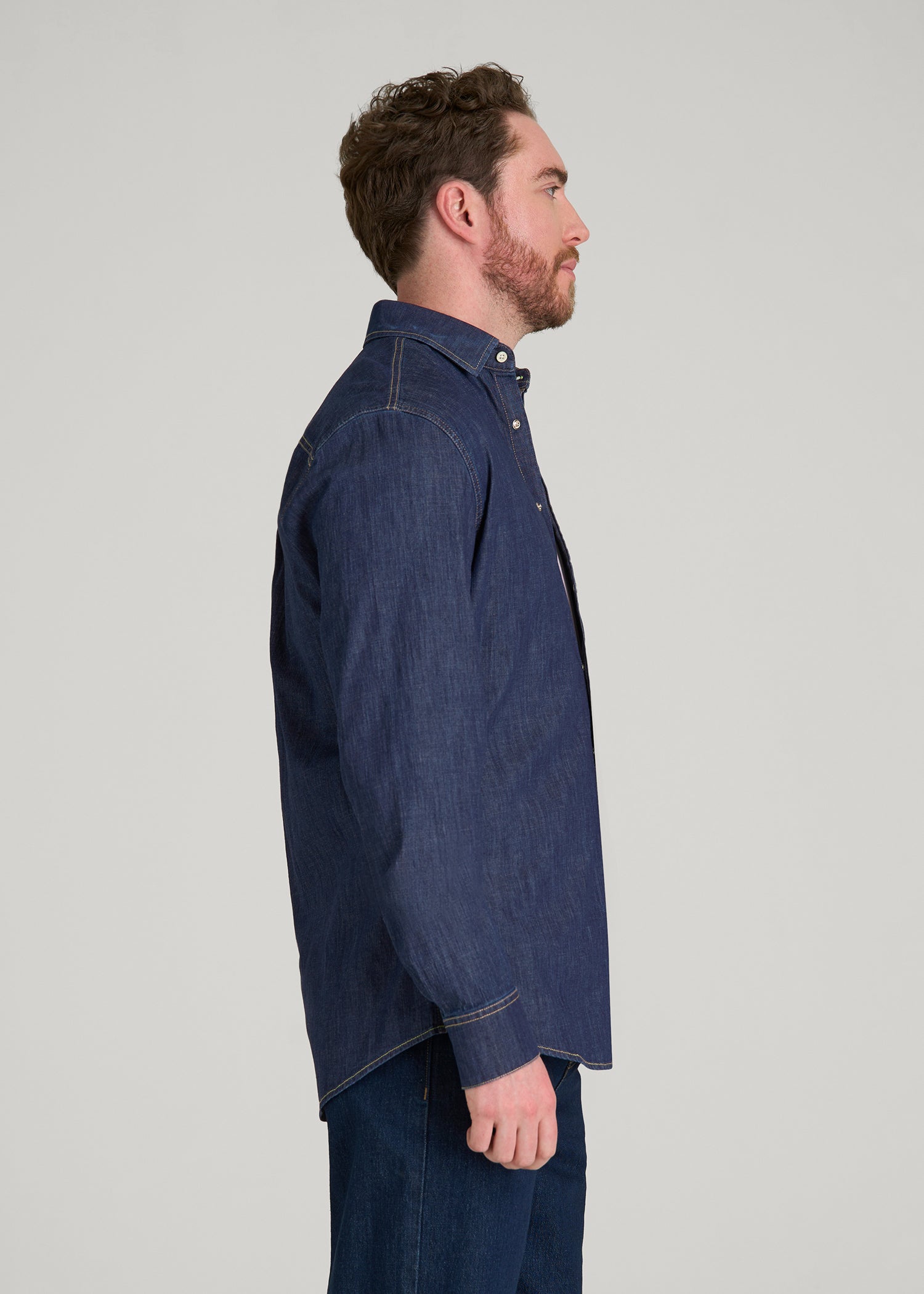 American Tall Men Classic Stretch Denim Shirt for Tall Men in Deep Indigo