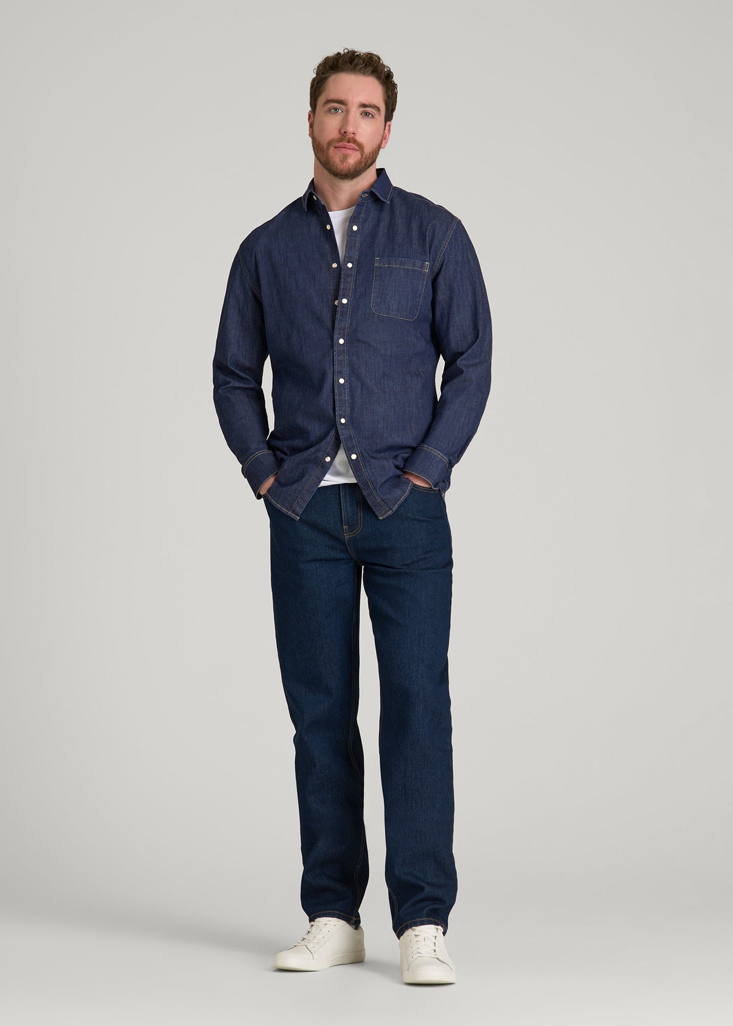 American Tall Men Classic Stretch Denim Shirt for Tall Men in Deep Indigo