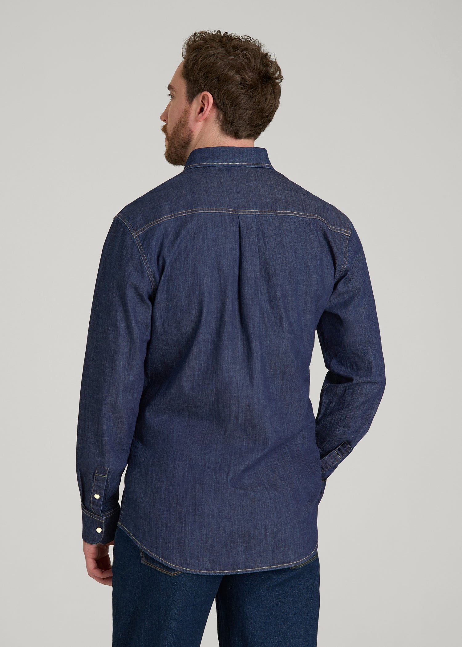 American Tall Men Classic Stretch Denim Shirt for Tall Men in Deep Indigo
