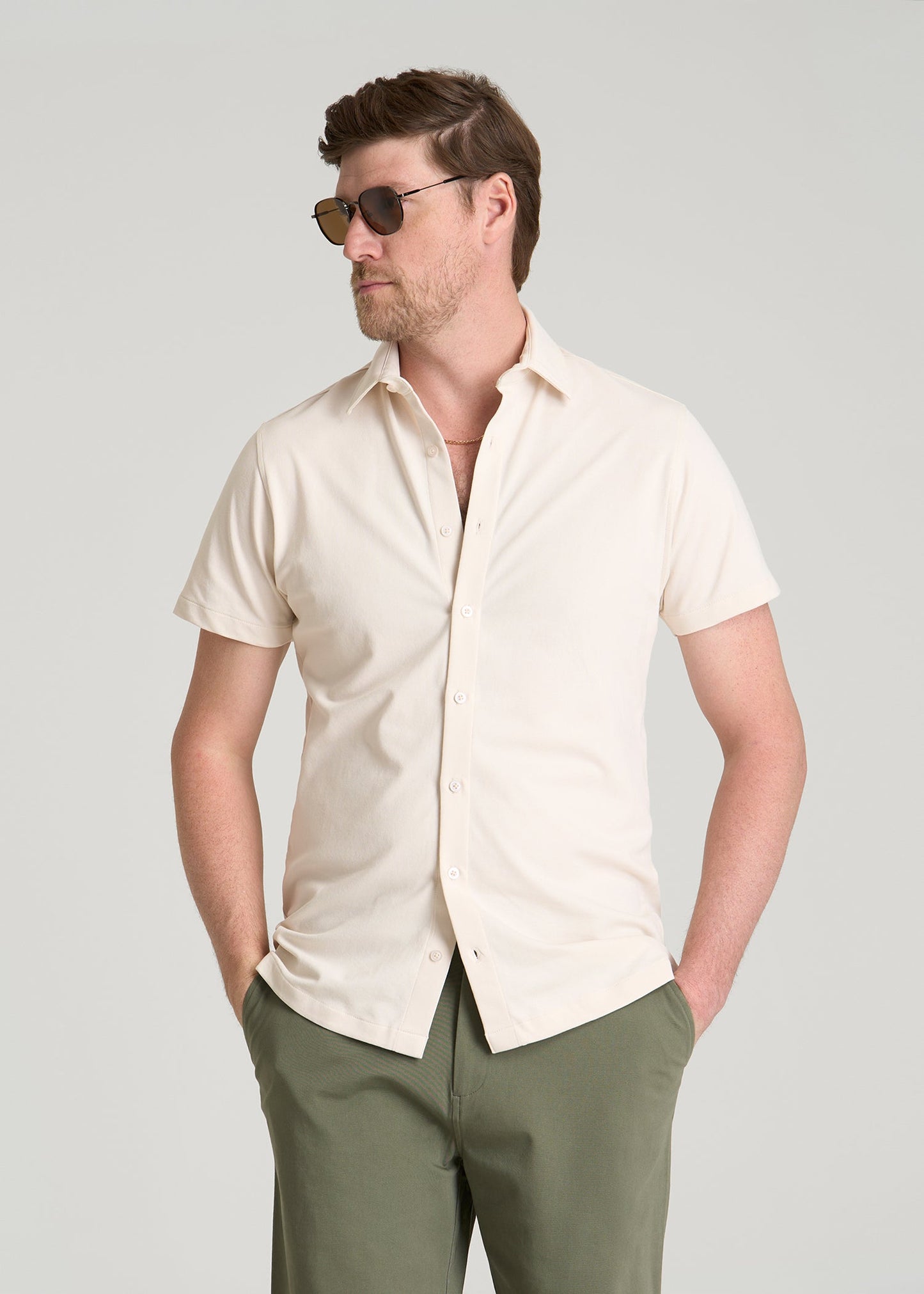 American Tall Men Pique Knit Stretch Short Sleeve Shirt for Tall Men in White Sand