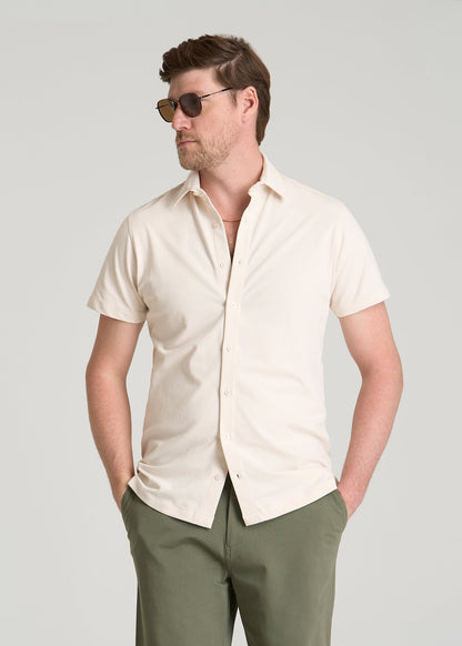 American Tall Men Pique Knit Stretch Short Sleeve Shirt for Tall Men in White Sand