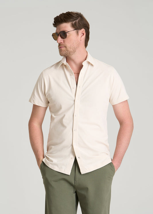 American Tall Men Pique Knit Stretch Short Sleeve Shirt for Tall Men in White Sand