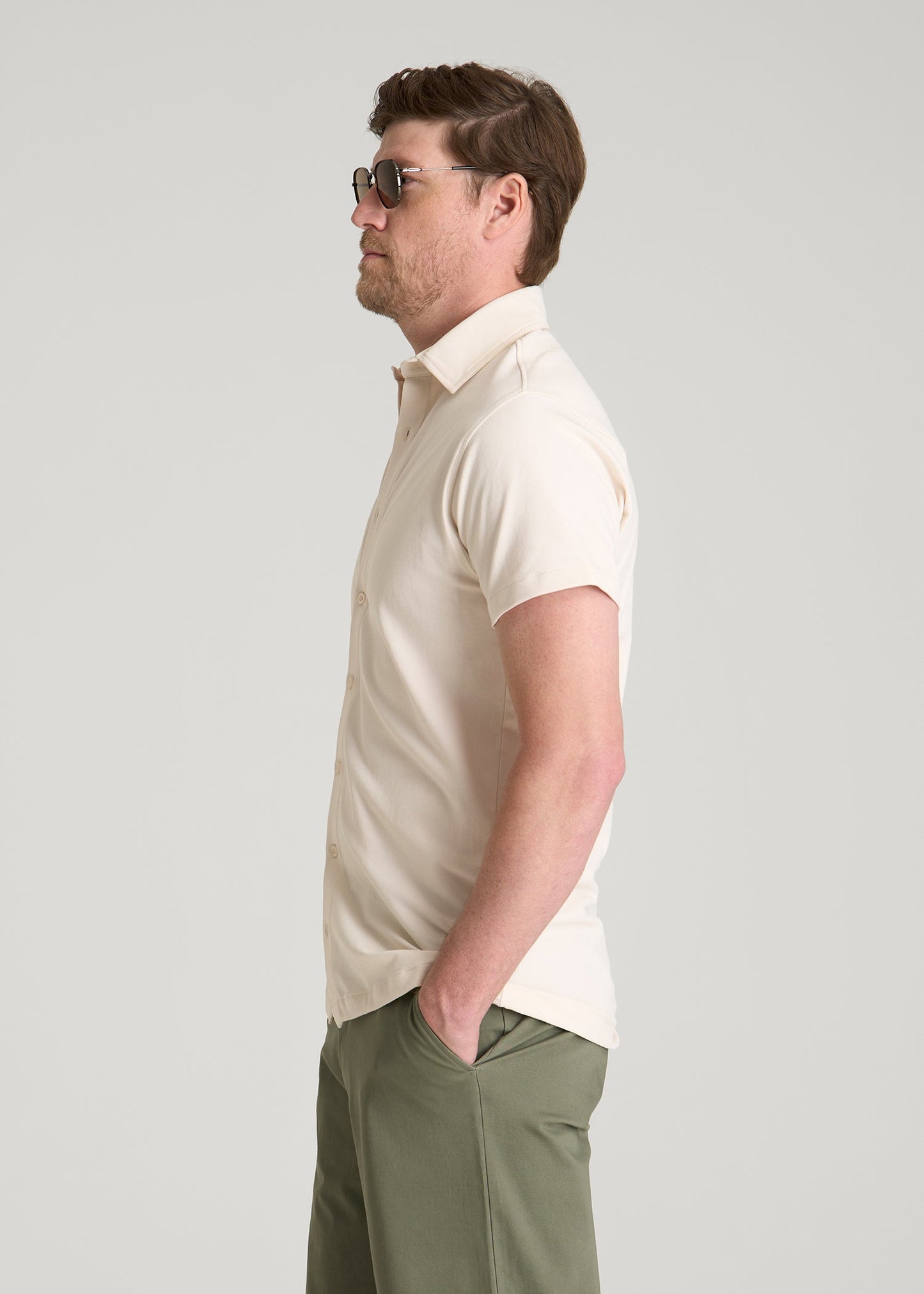 American Tall Men Pique Knit Stretch Short Sleeve Shirt for Tall Men in White Sand