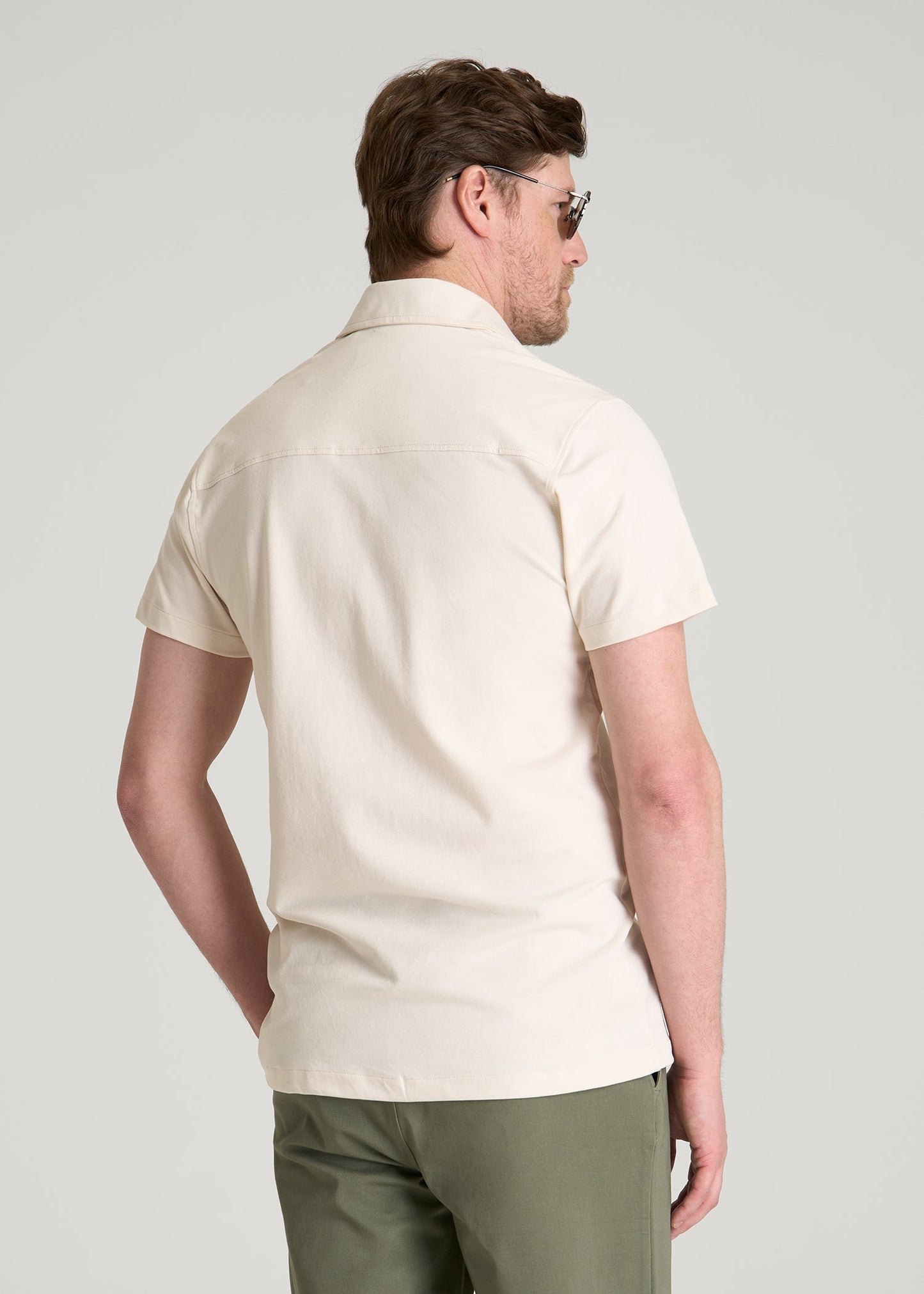 American Tall Men Pique Knit Stretch Short Sleeve Shirt for Tall Men in White Sand