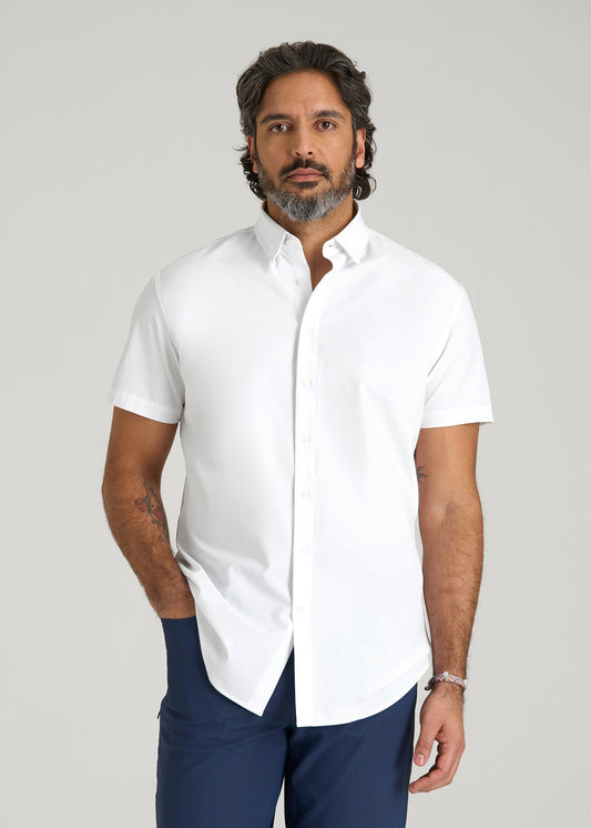 American Tall Men Short Sleeve Traveler Stretch Button Shirt for Tall Men in Bright White