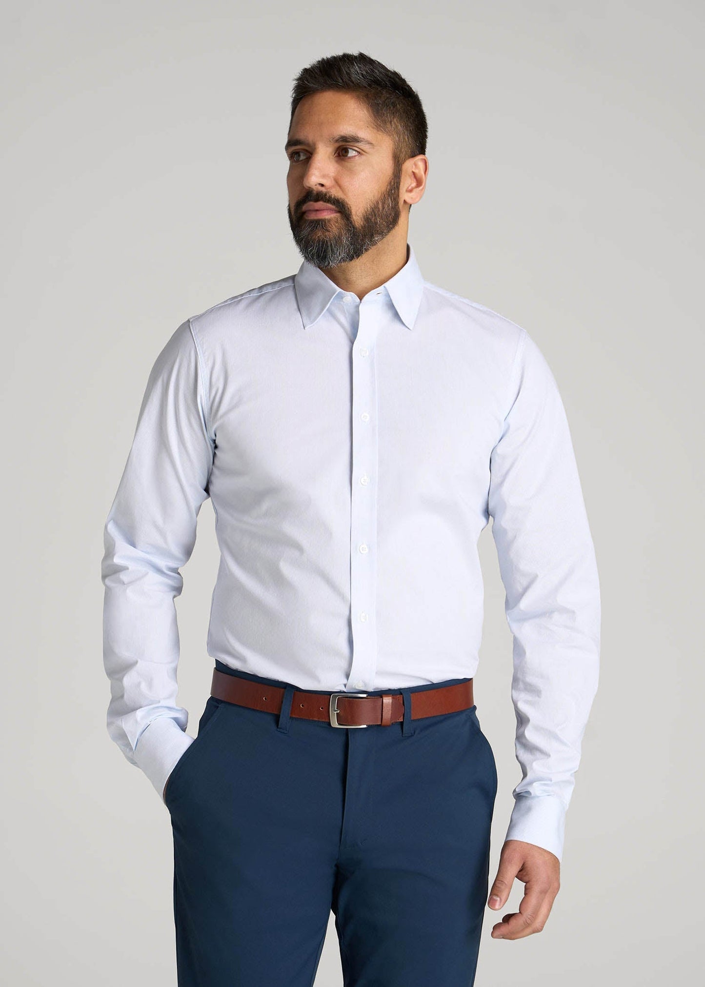 American Tall Men Oskar Easy Care Dress Shirt for Tall Men in Blue Mini Stripe