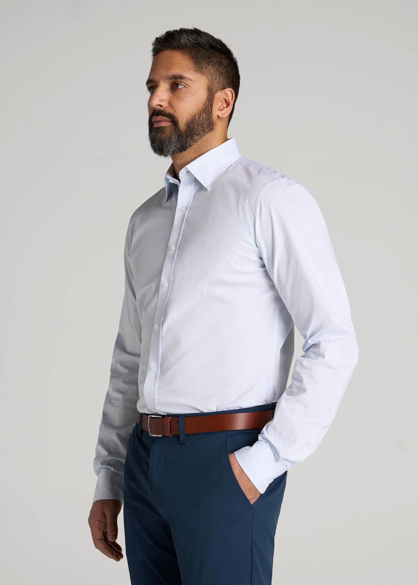 American Tall Men Oskar Easy Care Dress Shirt for Tall Men in Blue Mini Stripe