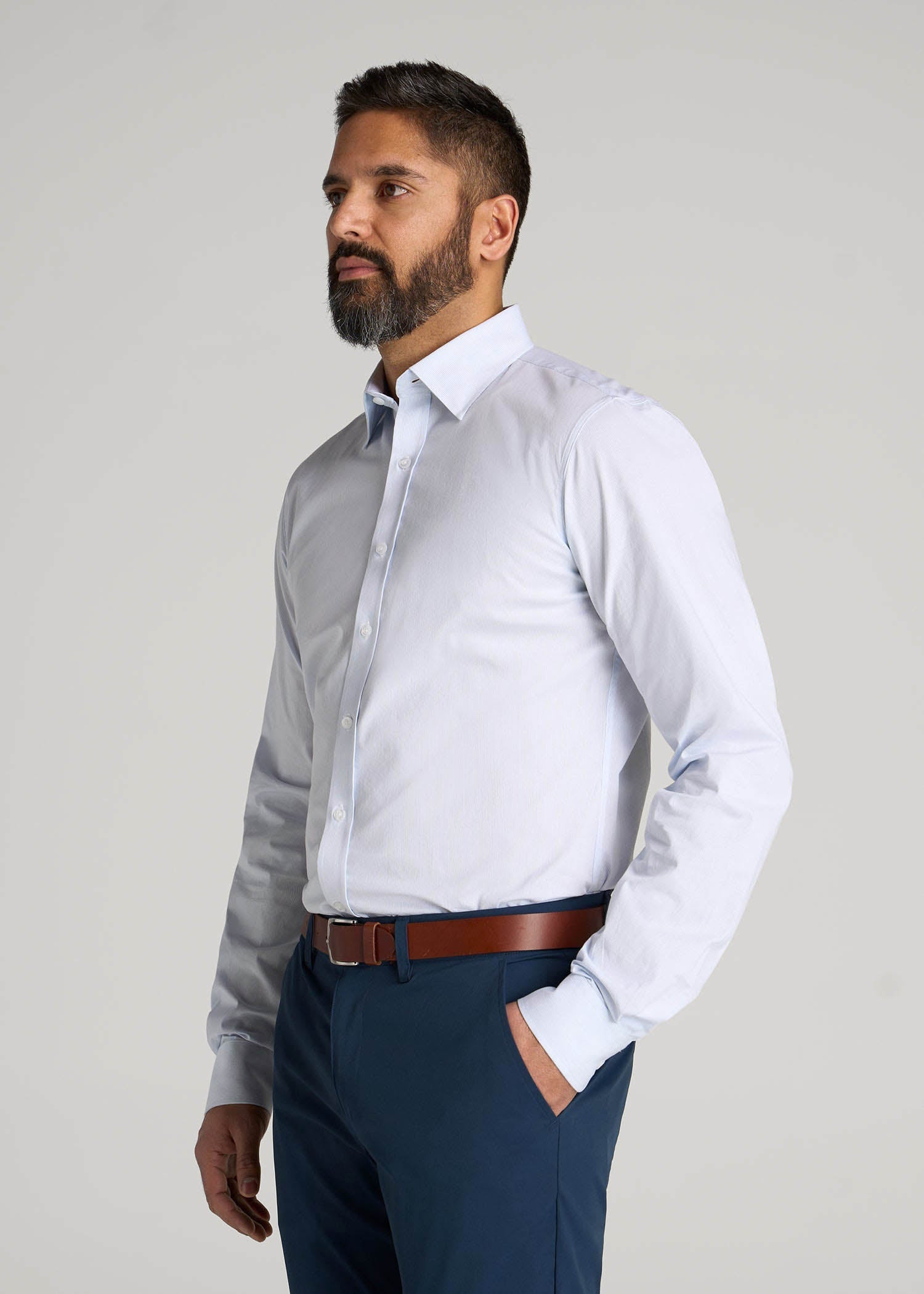 American Tall Men Oskar Easy Care Dress Shirt for Tall Men in Blue Mini Stripe