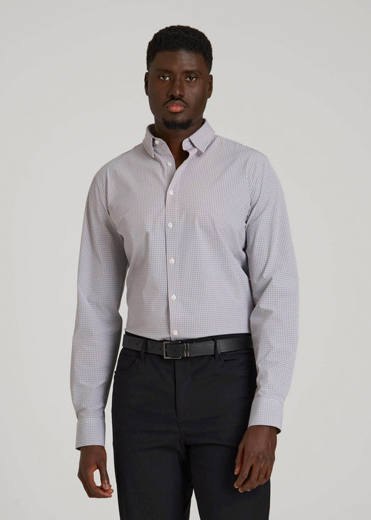 American Tall Men Traveler Stretch Dress Shirt in Grey Mini Plaid