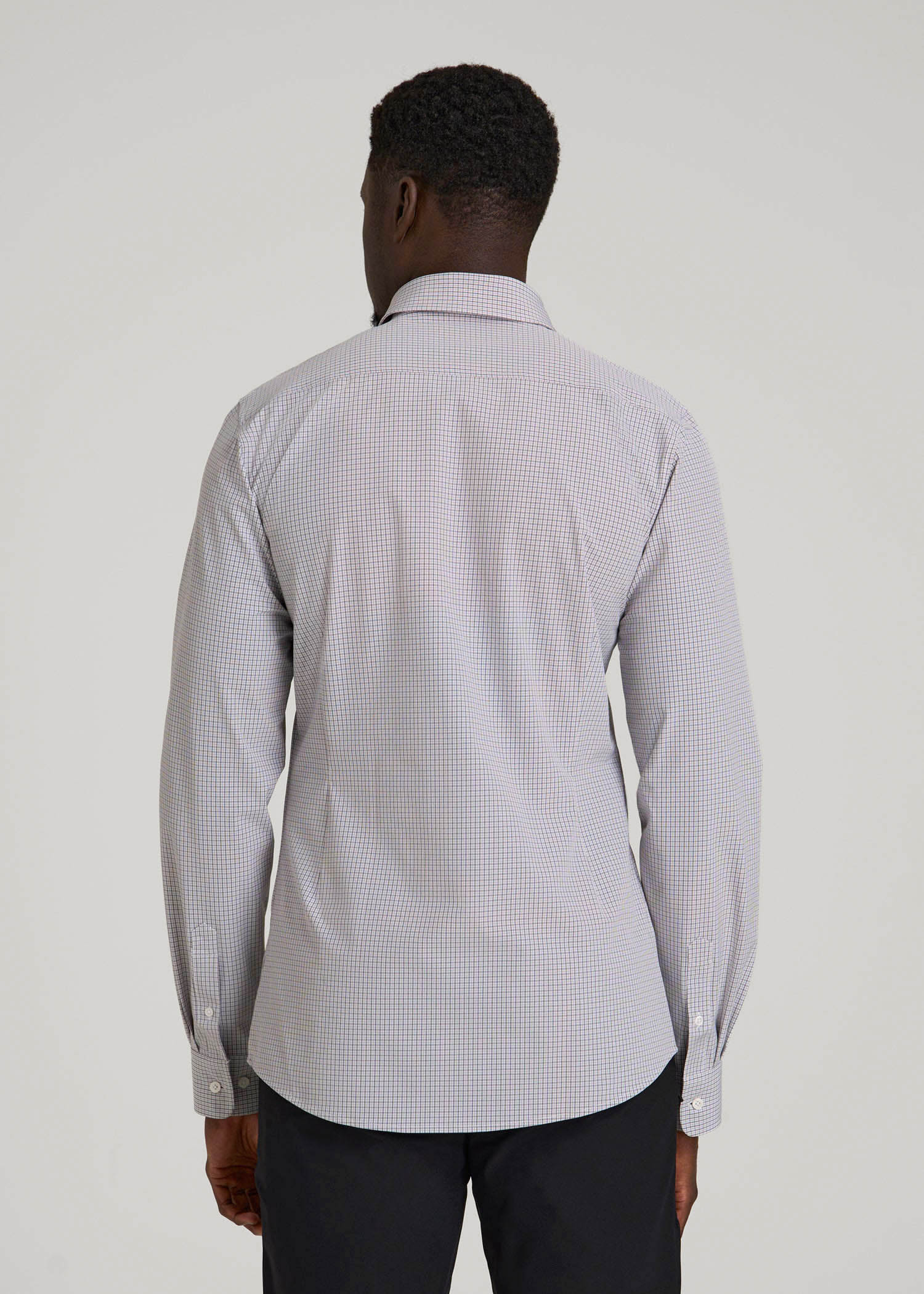 American Tall Men Traveler Stretch Dress Shirt in Grey Mini Plaid