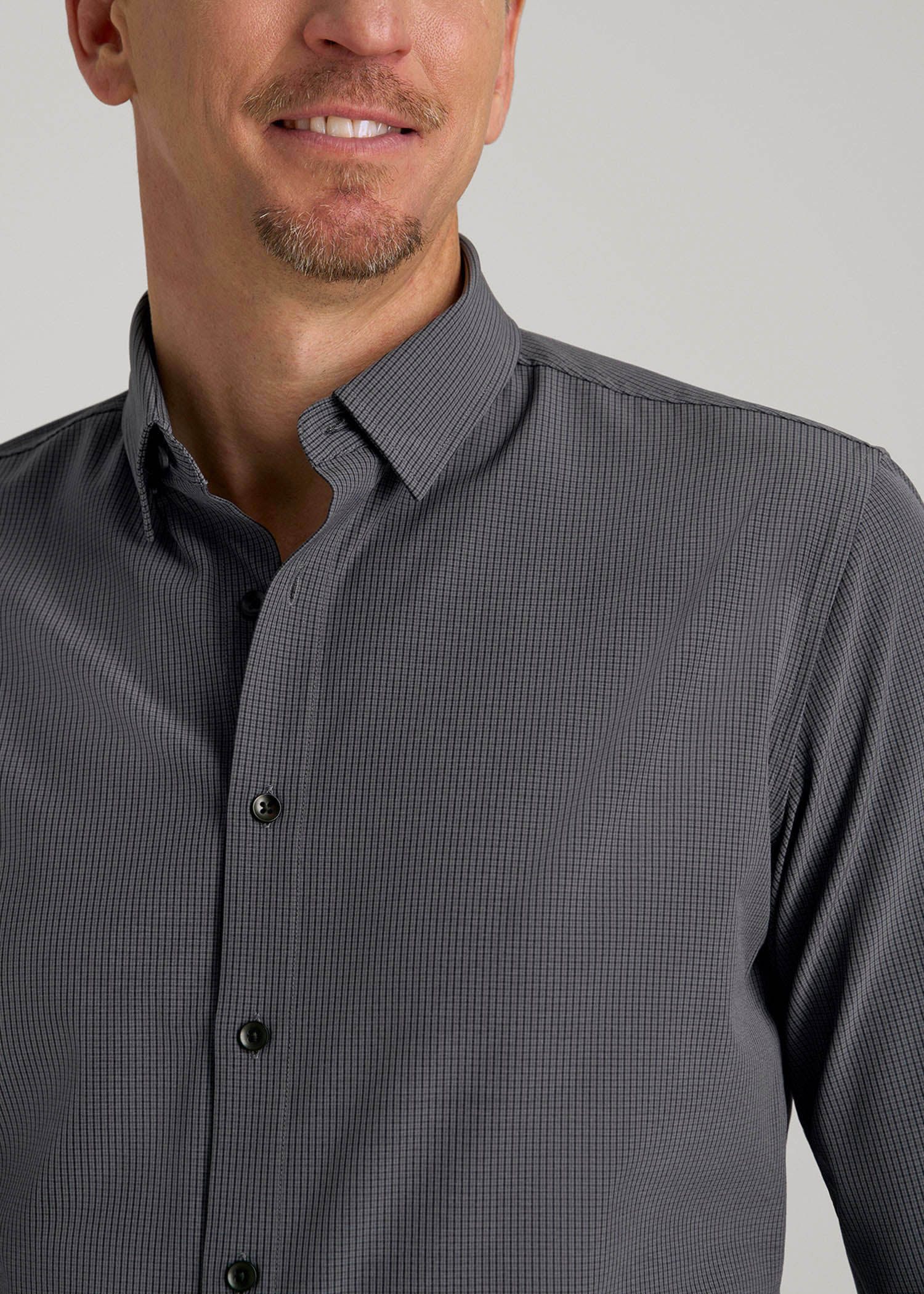 American Tall Men Traveler Stretch Dress Shirt in Charcoal Micro Check