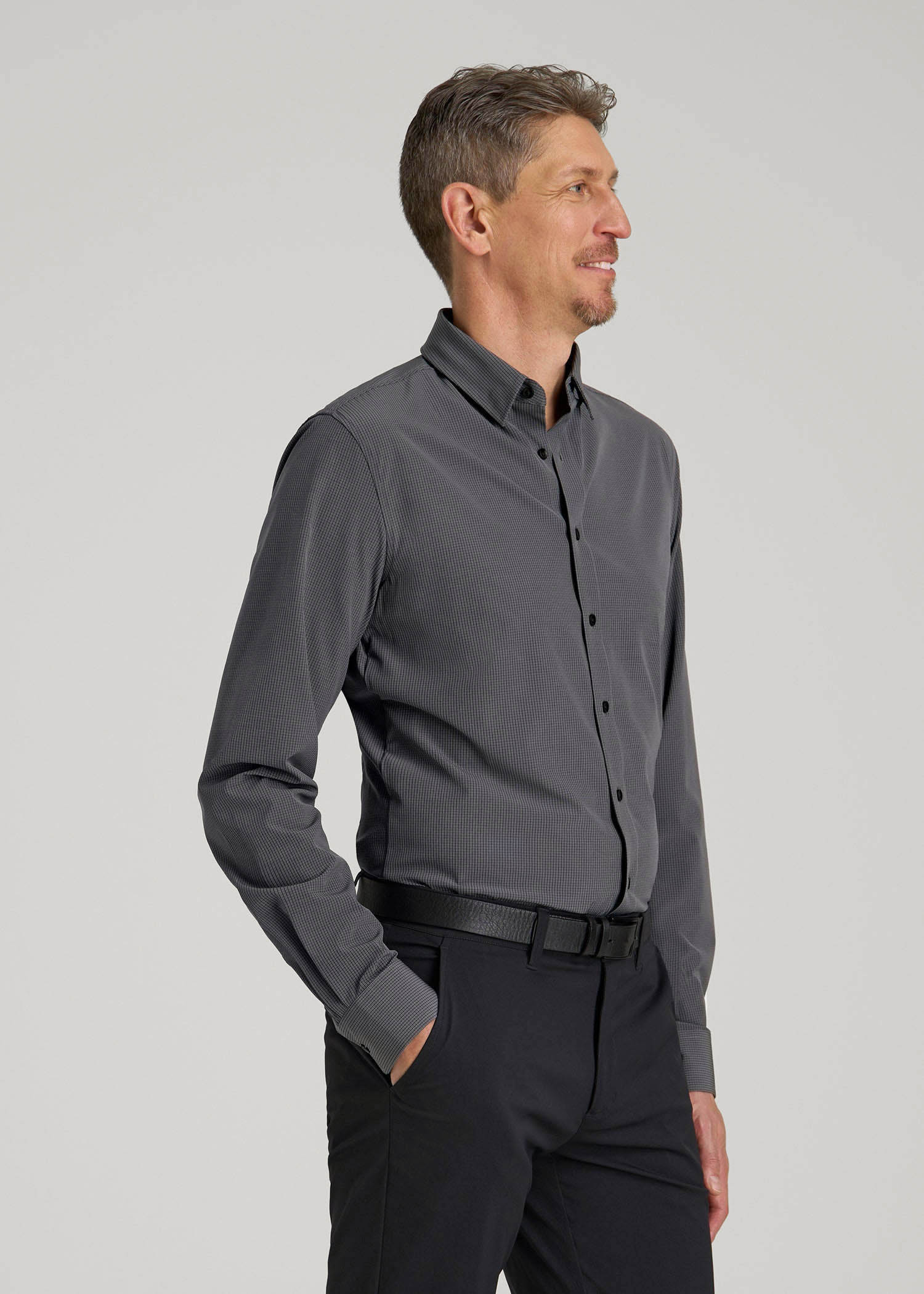 American Tall Men Traveler Stretch Dress Shirt in Charcoal Micro Check