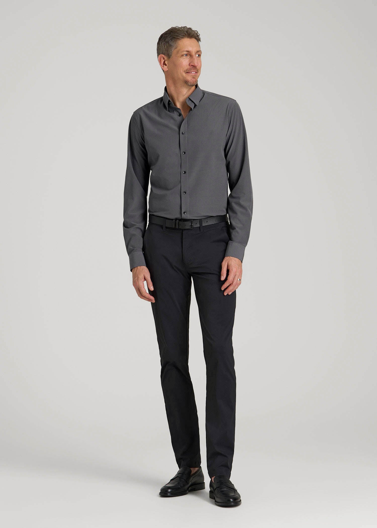 American Tall Men Traveler Stretch Dress Shirt in Charcoal Micro Check