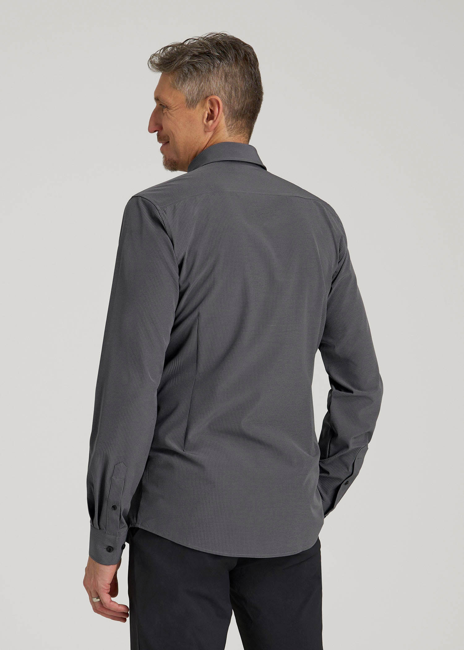 American Tall Men Traveler Stretch Dress Shirt in Charcoal Micro Check