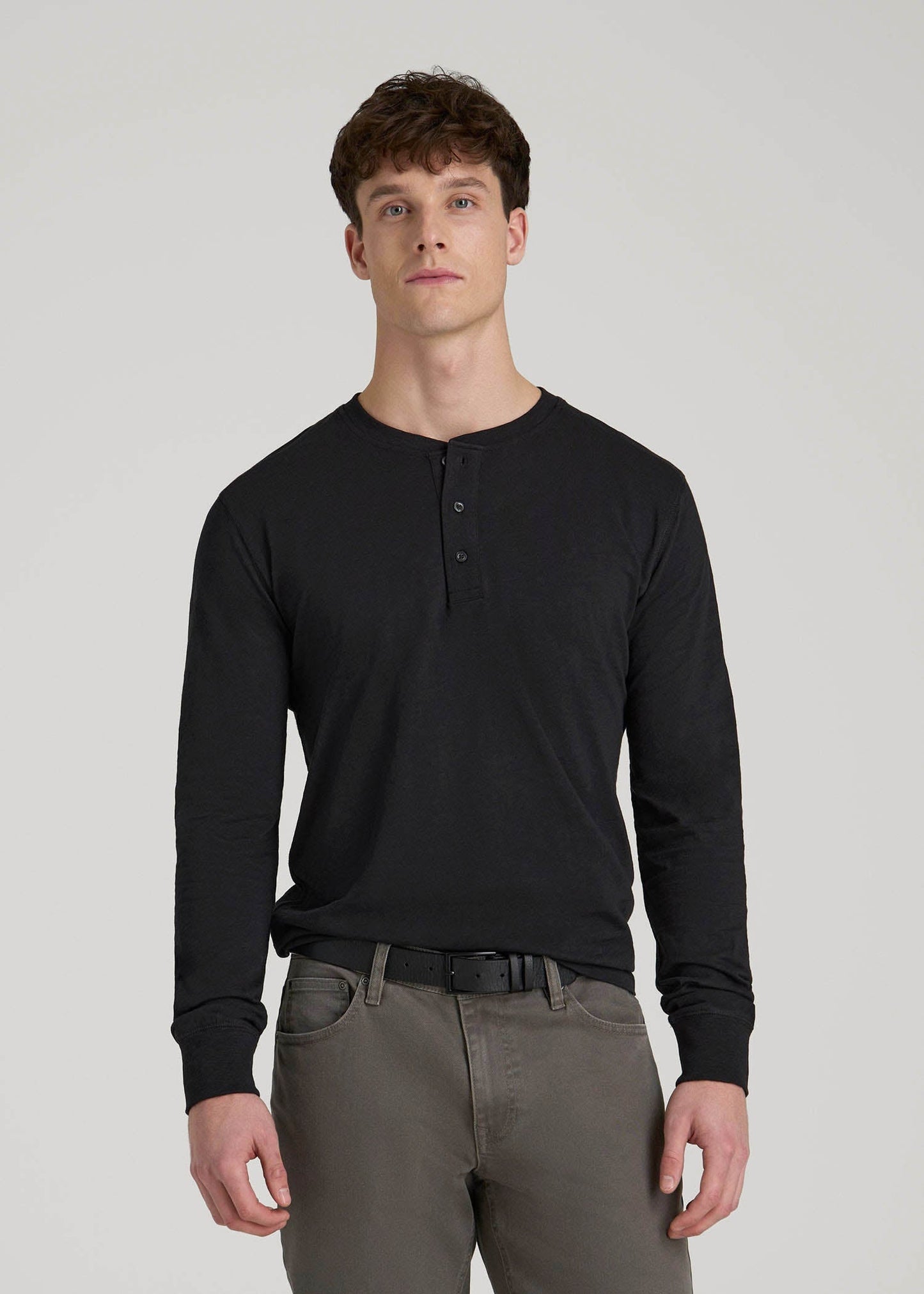 American Tall Men Three-Button Long Sleeve Slub Henley for Tall Men in Black