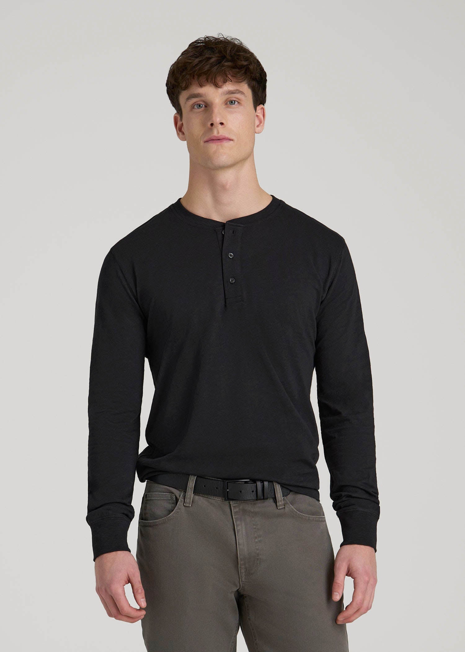 American Tall Men Three-Button Long Sleeve Slub Henley for Tall Men in Black