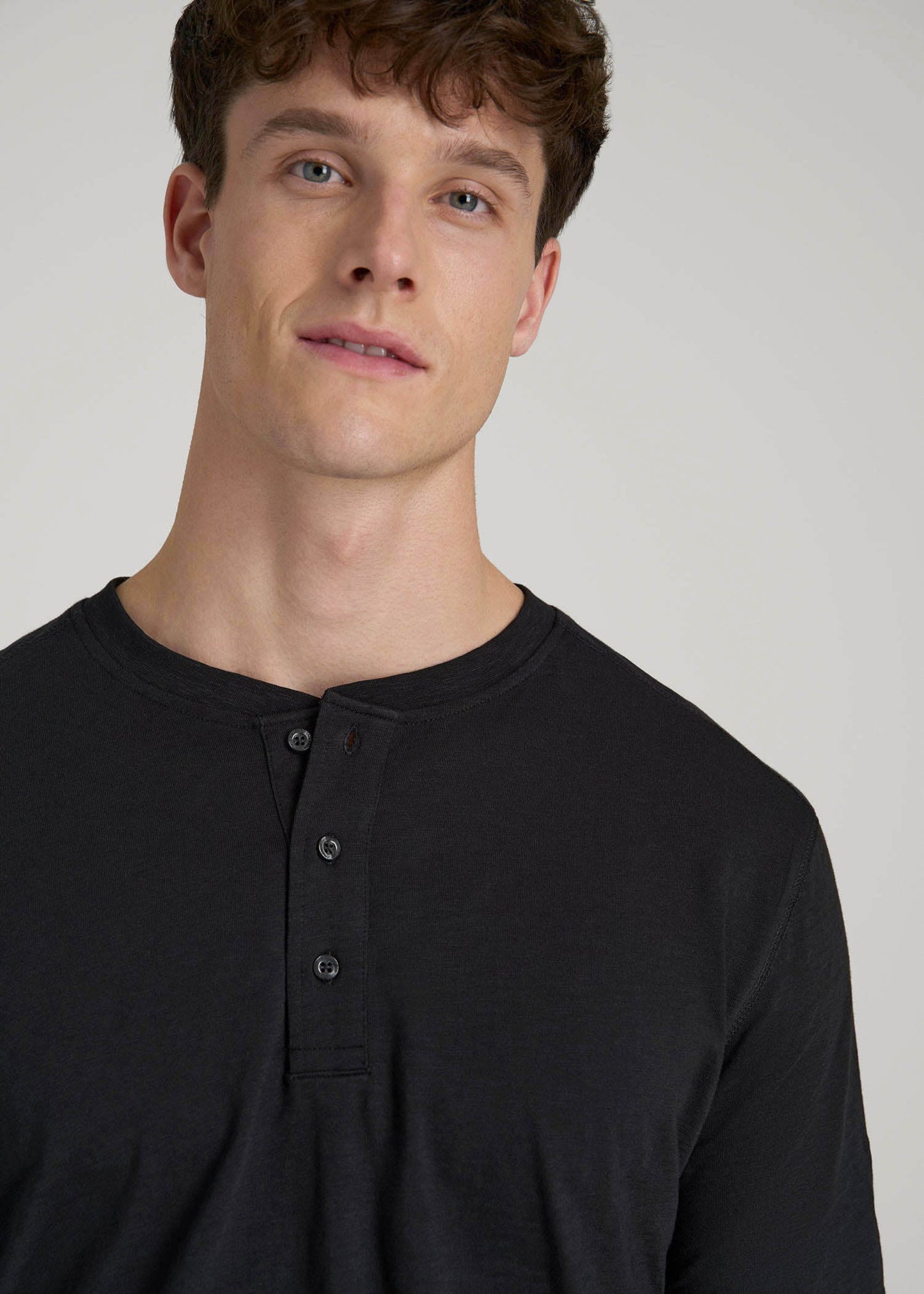 American Tall Men Three-Button Long Sleeve Slub Henley for Tall Men in Black
