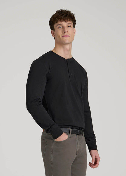American Tall Men Three-Button Long Sleeve Slub Henley for Tall Men in Black