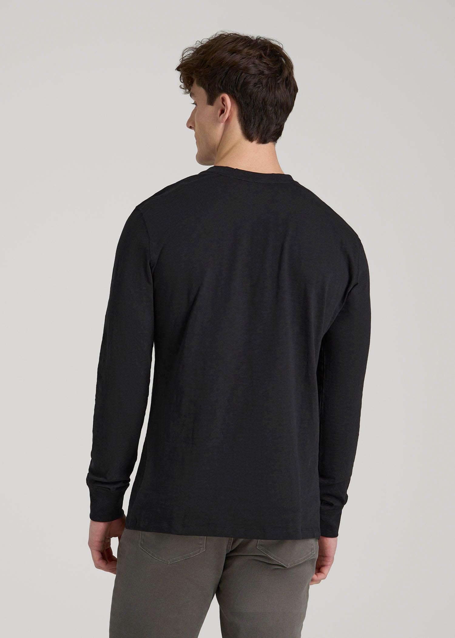 American Tall Men Three-Button Long Sleeve Slub Henley for Tall Men in Black