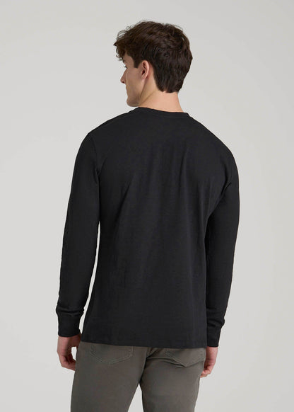 American Tall Men Three-Button Long Sleeve Slub Henley for Tall Men in Black