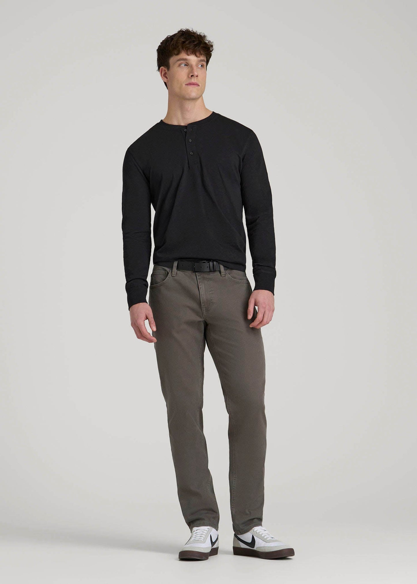 American Tall Men Three-Button Long Sleeve Slub Henley for Tall Men in Black