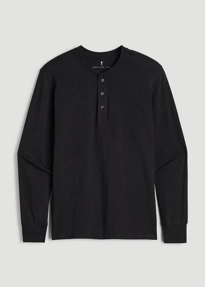 American Tall Men Three-Button Long Sleeve Slub Henley for Tall Men in Black