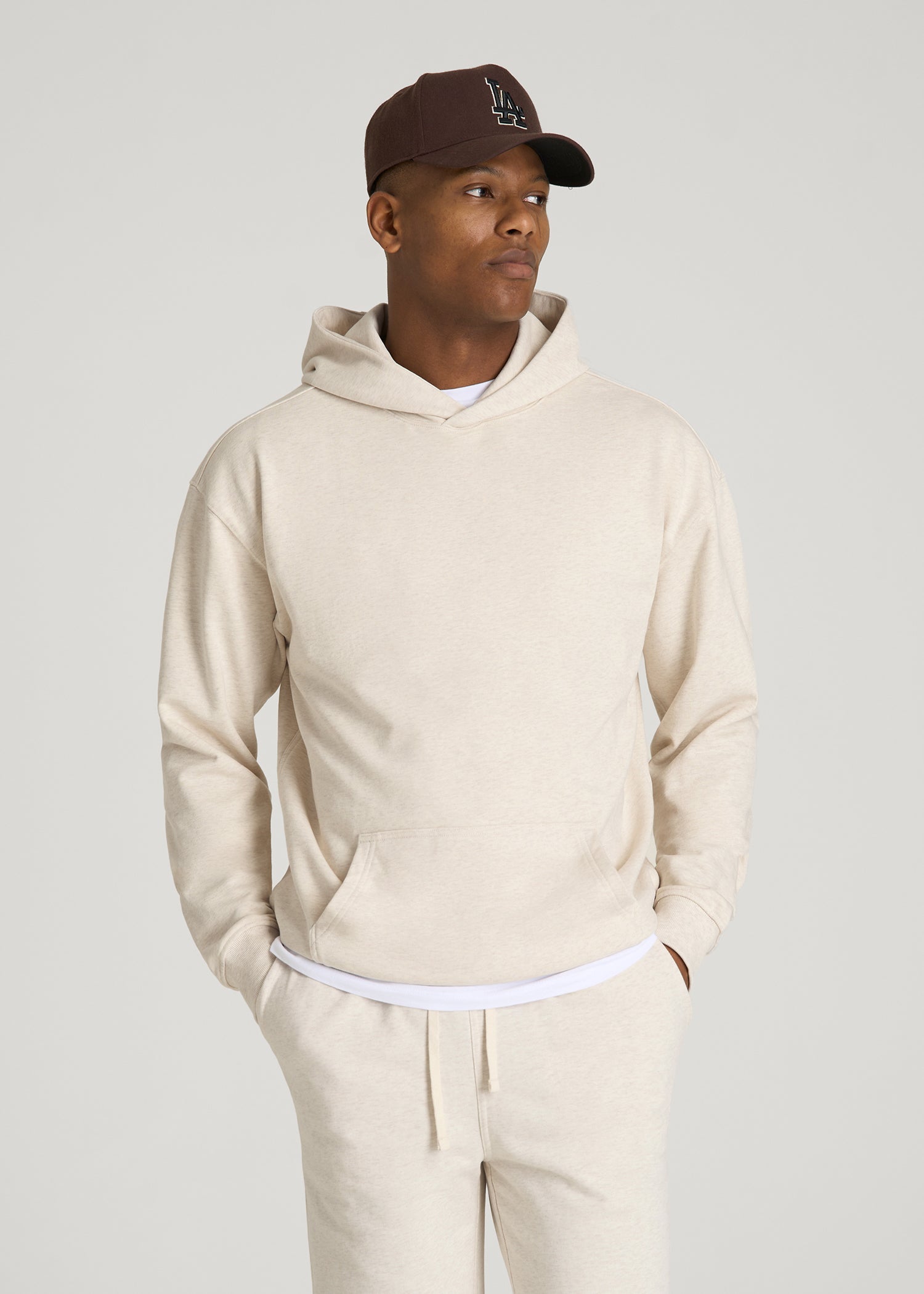 American Tall Men Everyday French Terry Popover Hoodie for Tall Men in Heathered Oatmeal
