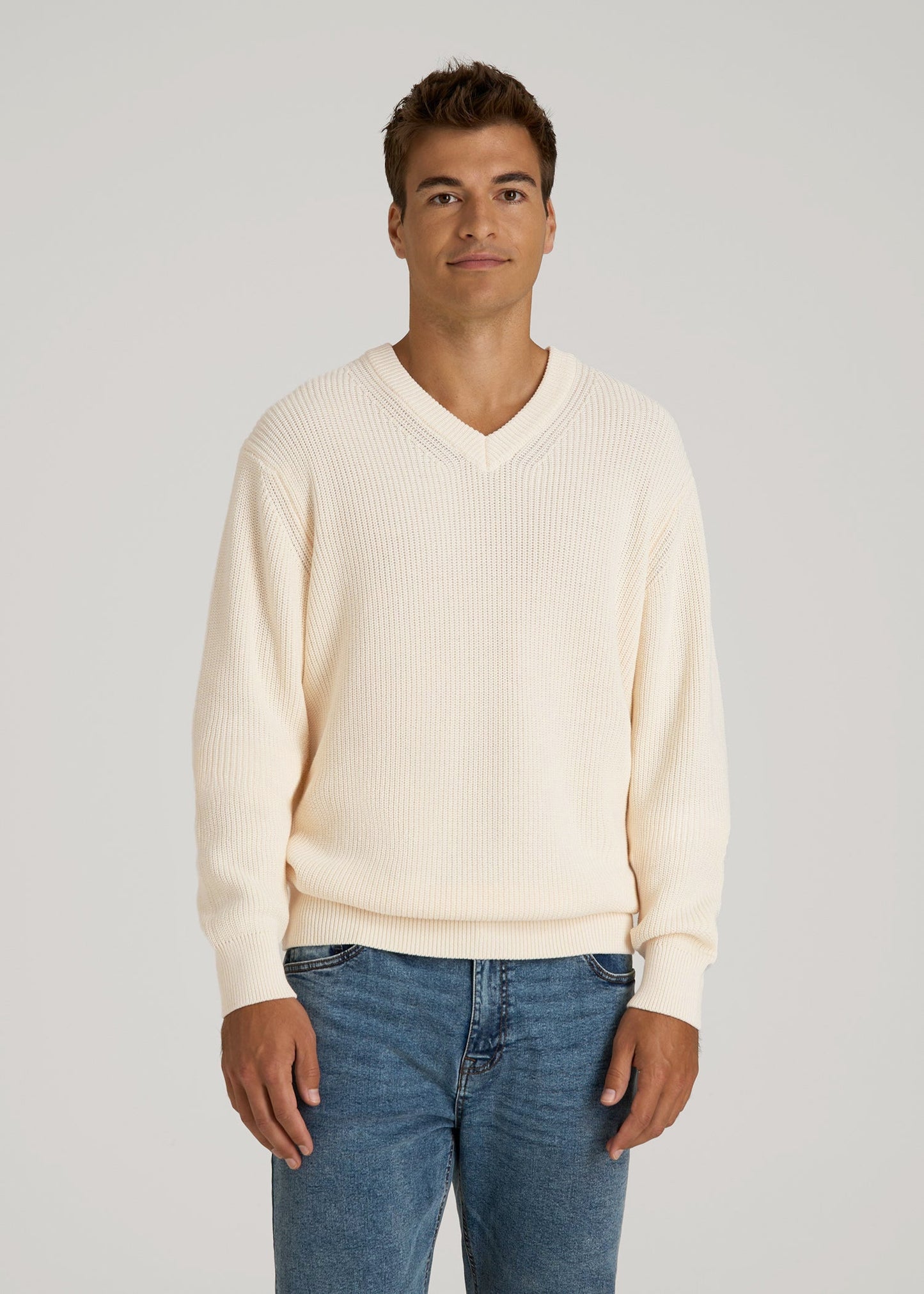 American Tall Men Ribbed Knit V-Neck Sweater for Tall Men in Natural