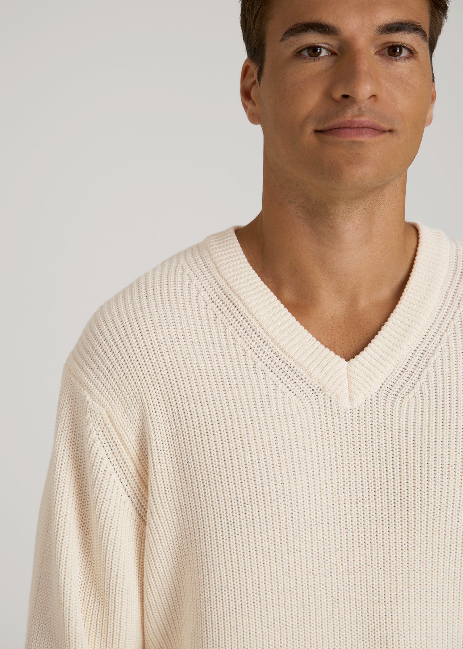 American Tall Men Ribbed Knit V-Neck Sweater for Tall Men in Natural