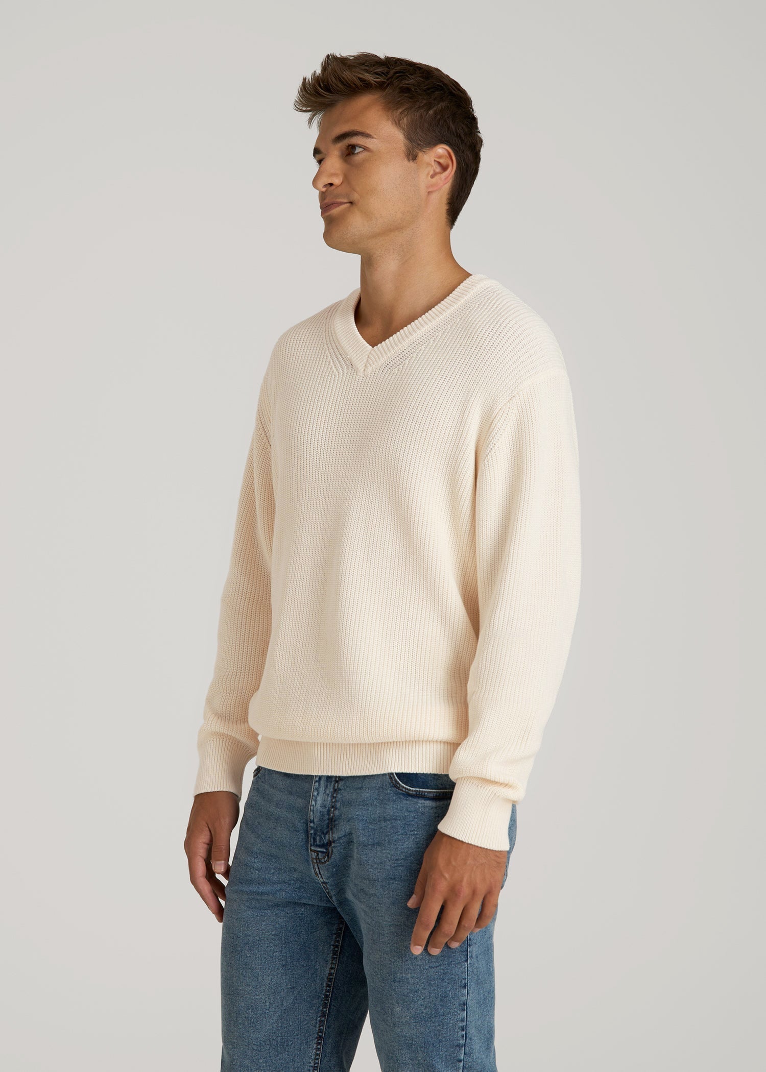 American Tall Men Ribbed Knit V-Neck Sweater for Tall Men in Natural