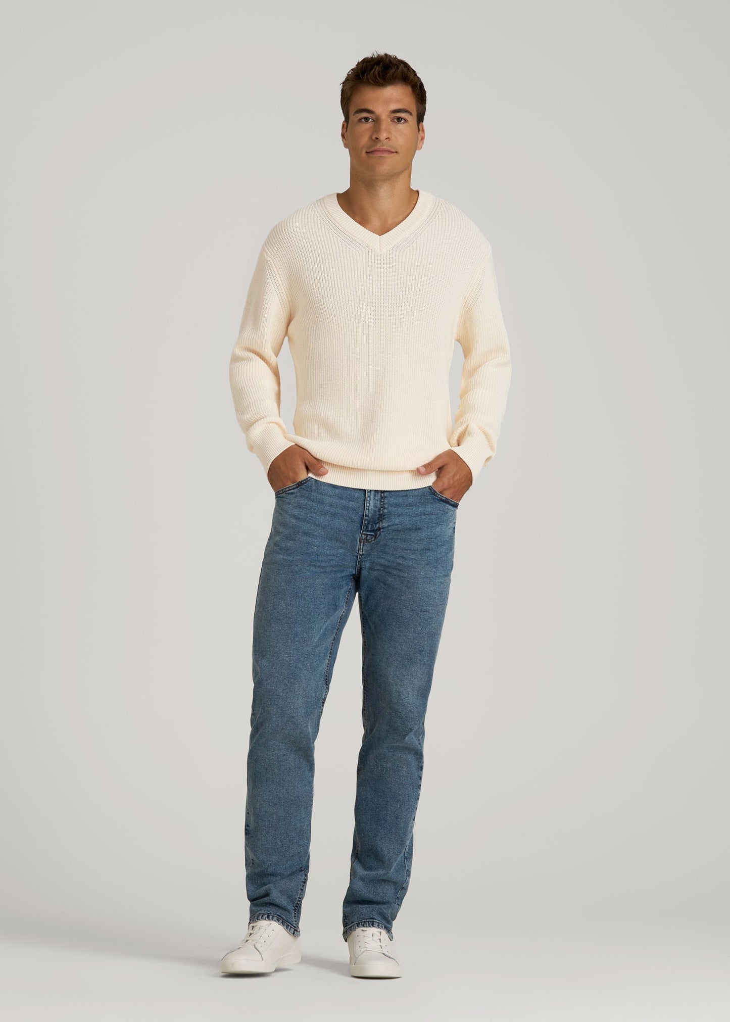 American Tall Men Ribbed Knit V-Neck Sweater for Tall Men in Natural
