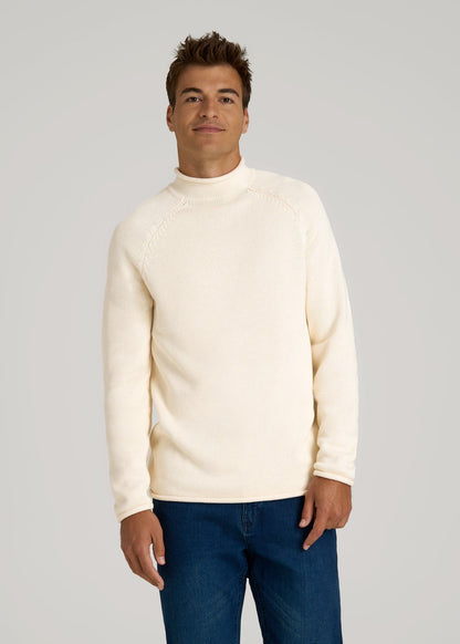 American Tall Men Fisherman Knit Rolled Mock Neck Sweater for Tall Men in Natural